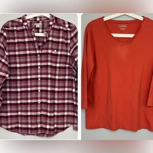 Bundle 2 L L Bean Size M Pullover Shirt & Button Up Shirt Orange Plaid Essential
